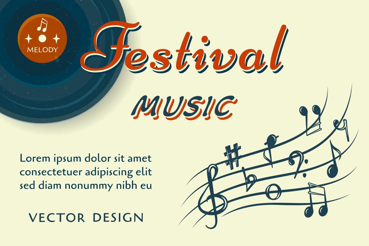 Music festival banner. Classic music background with notes, music plates and lettering for flyer, poster, concert, party design. Vector illustration.