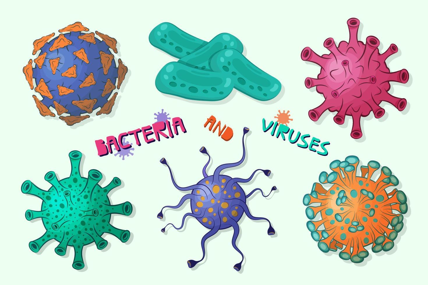 virus patógenos, gérmenes, microorganismos, microbios aislados sobre fondo claro. colección de virus y bacterias de dibujos animados de colores con texto multicolor brillante. ilustración plana vectorial vector