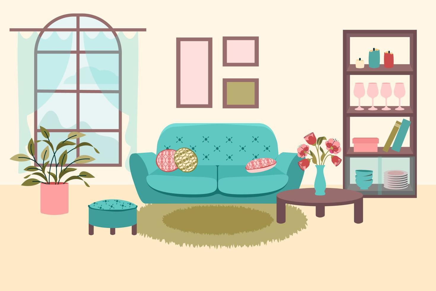 interior de la sala de estar. casa interior de diseño moderno. diferentes muebles en apartamento contemporáneo. hogar acogedor. ilustración plana de dibujos animados de vector