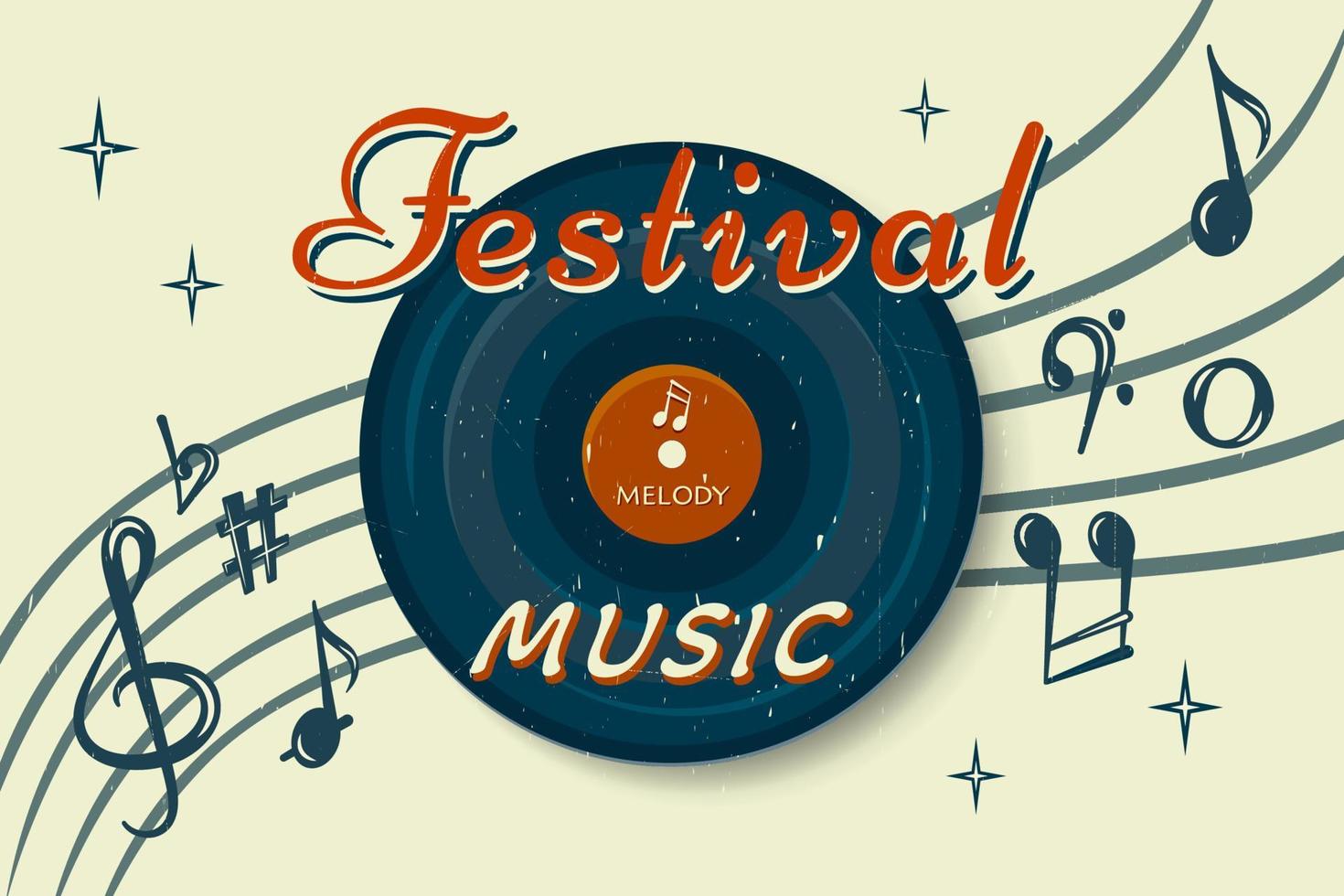 Music festival banner. Classic music background with notes, music plates and lettering for flyer, poster, concert, party design. Vector illustration.