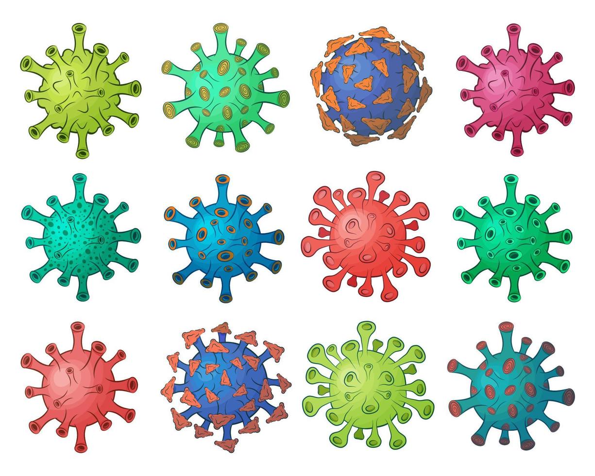 Collection of a coronavirus. Colored viruses and bacteria isolated on white background. Human virus, germs, microorganisms, microbe. Vector illustration