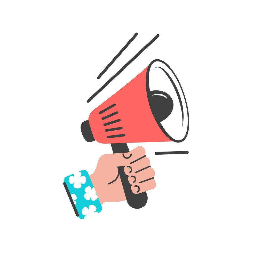 Megaphone. Human hand holding loudspeaker. Design for website, promotion banners, protest, advertising, announce, business. Vector  illustration in Flat stile.