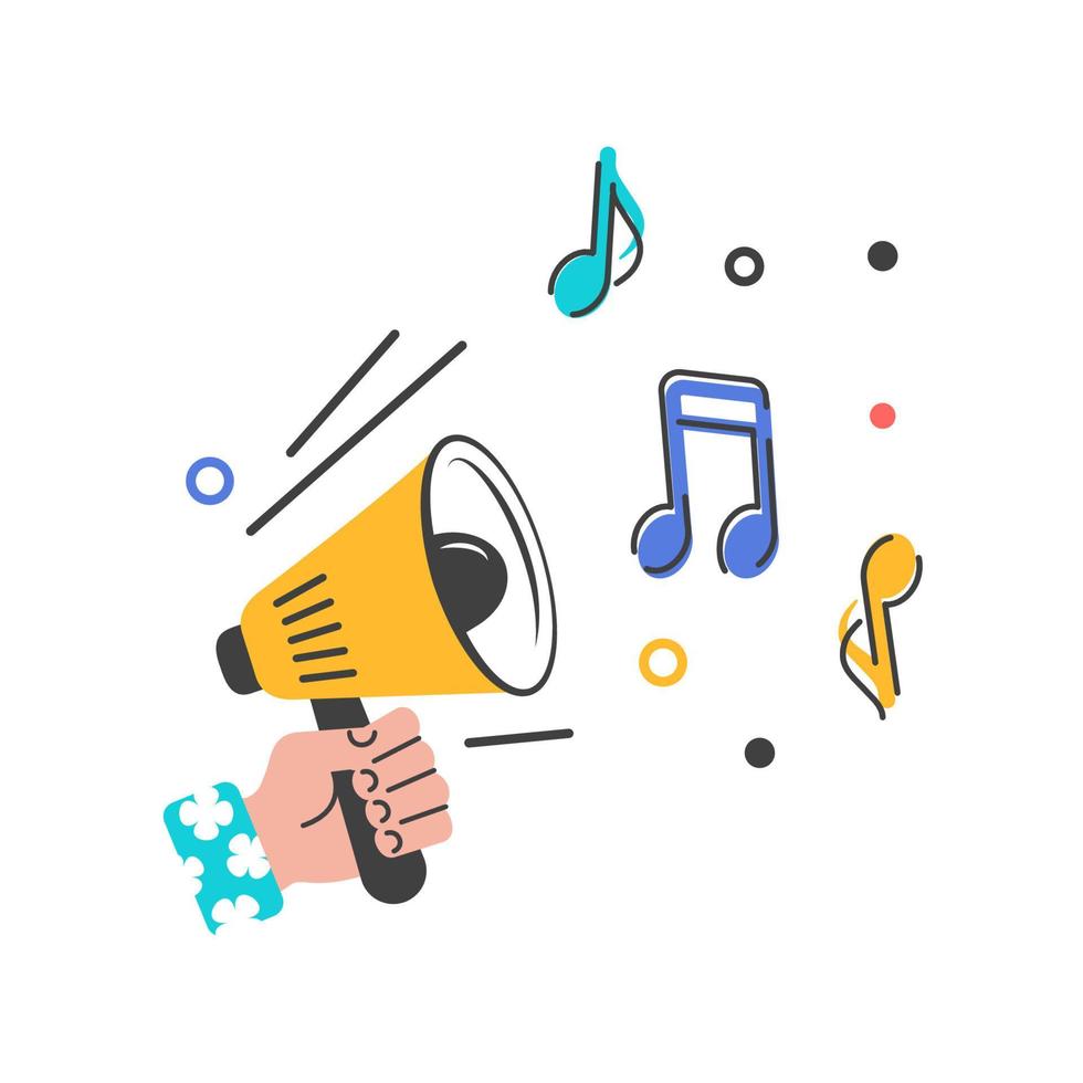 Megaphon with music notes, lines, bubbles. Human hand holding loudspeaker. Concept for message, advertisement, announcement.Vector. Flat cartoon style. vector