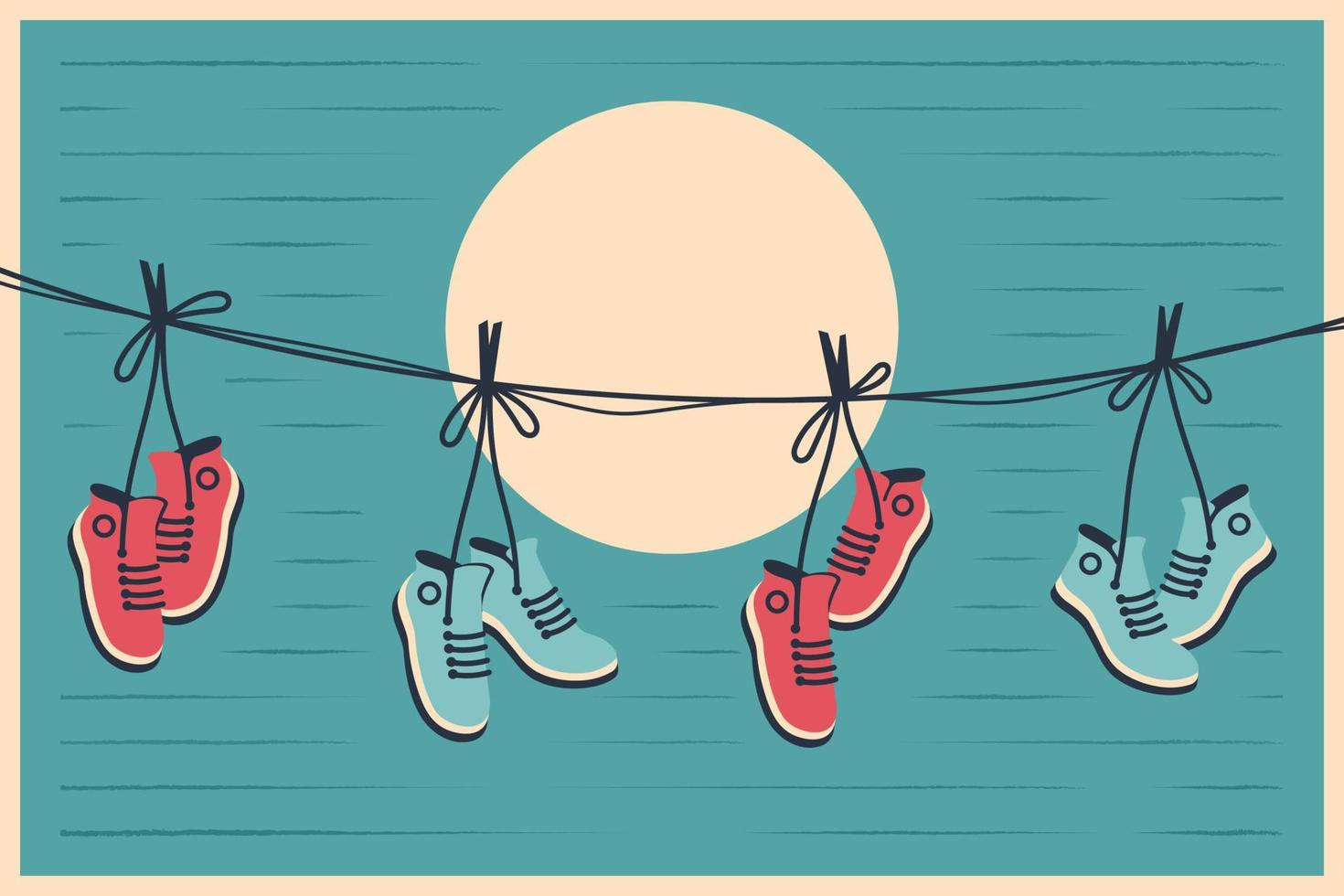 zapatillas colgadas en estilo retro. par de zapatos con cordones atados colgando de una cuerda. ilustración vectorial plana para pancarta, afiche, arte de portada vector