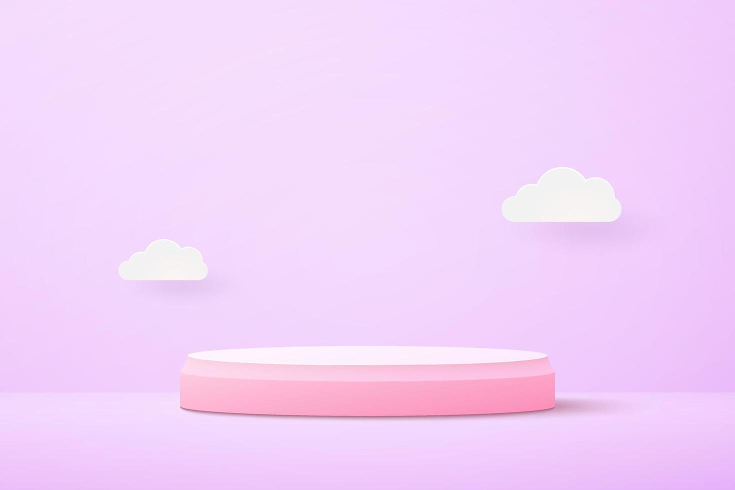 Pastel pink 3D podium on light purple background and paper cut clouds. Vector illustration. Eps10