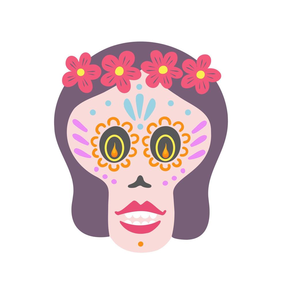 Dia De Los Muertos, day of the dead woman. Illustration for printing, backgrounds and packaging. Image can be used for greeting card, poster, sticker and textile. Isolated on white background. vector