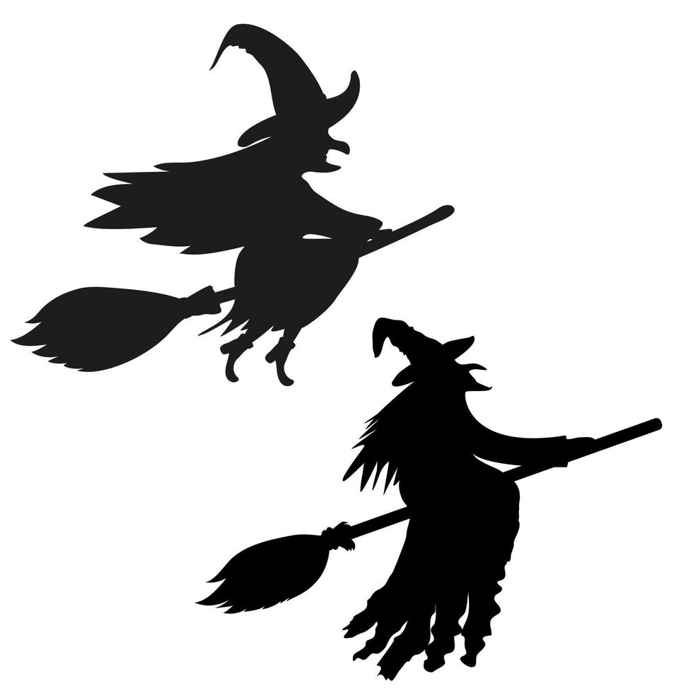 Two silhouettes of a witch on a broomstick. vector