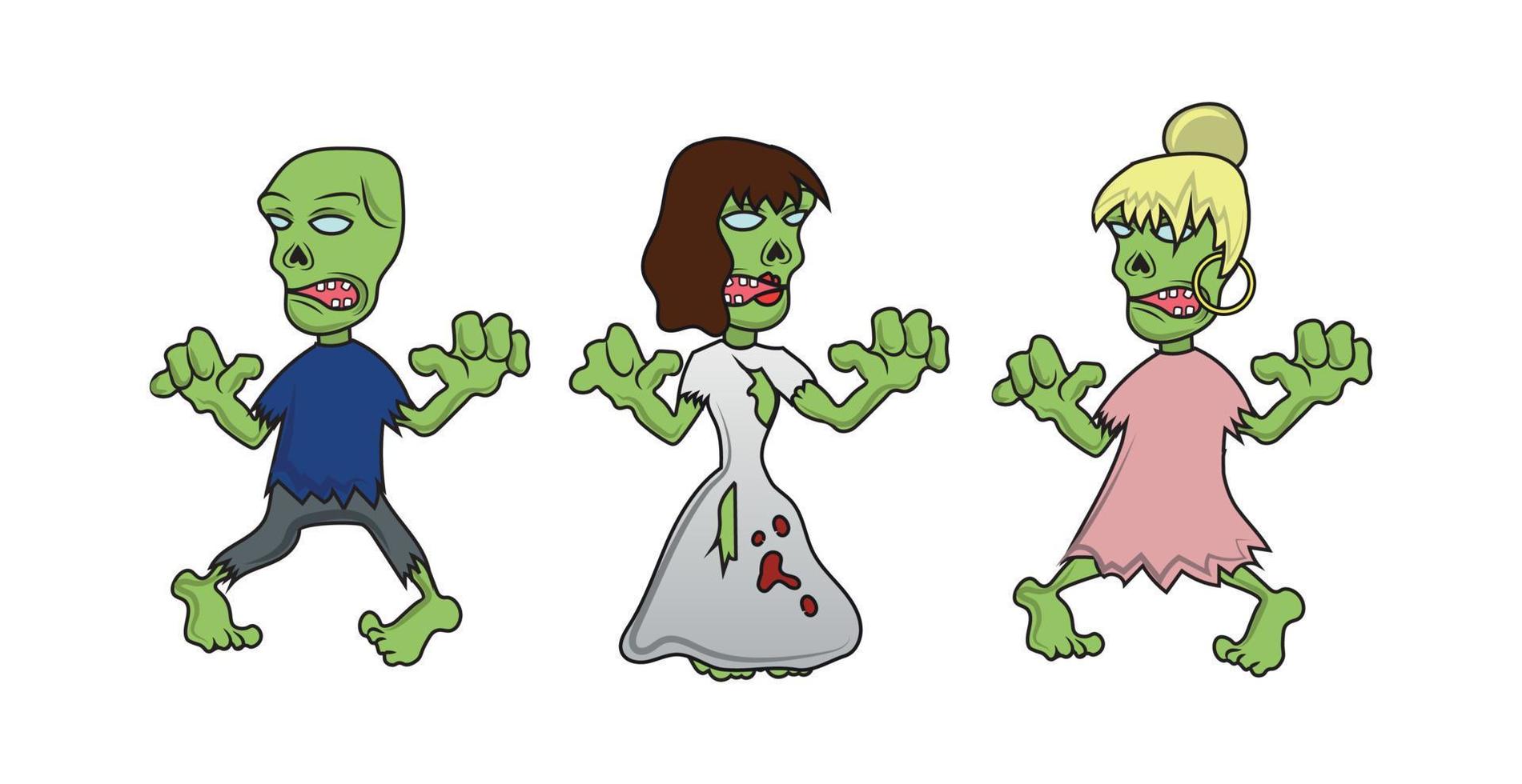 3 piezas de zombis aterradores sobre un fondo blanco, fiesta de halloween - vector