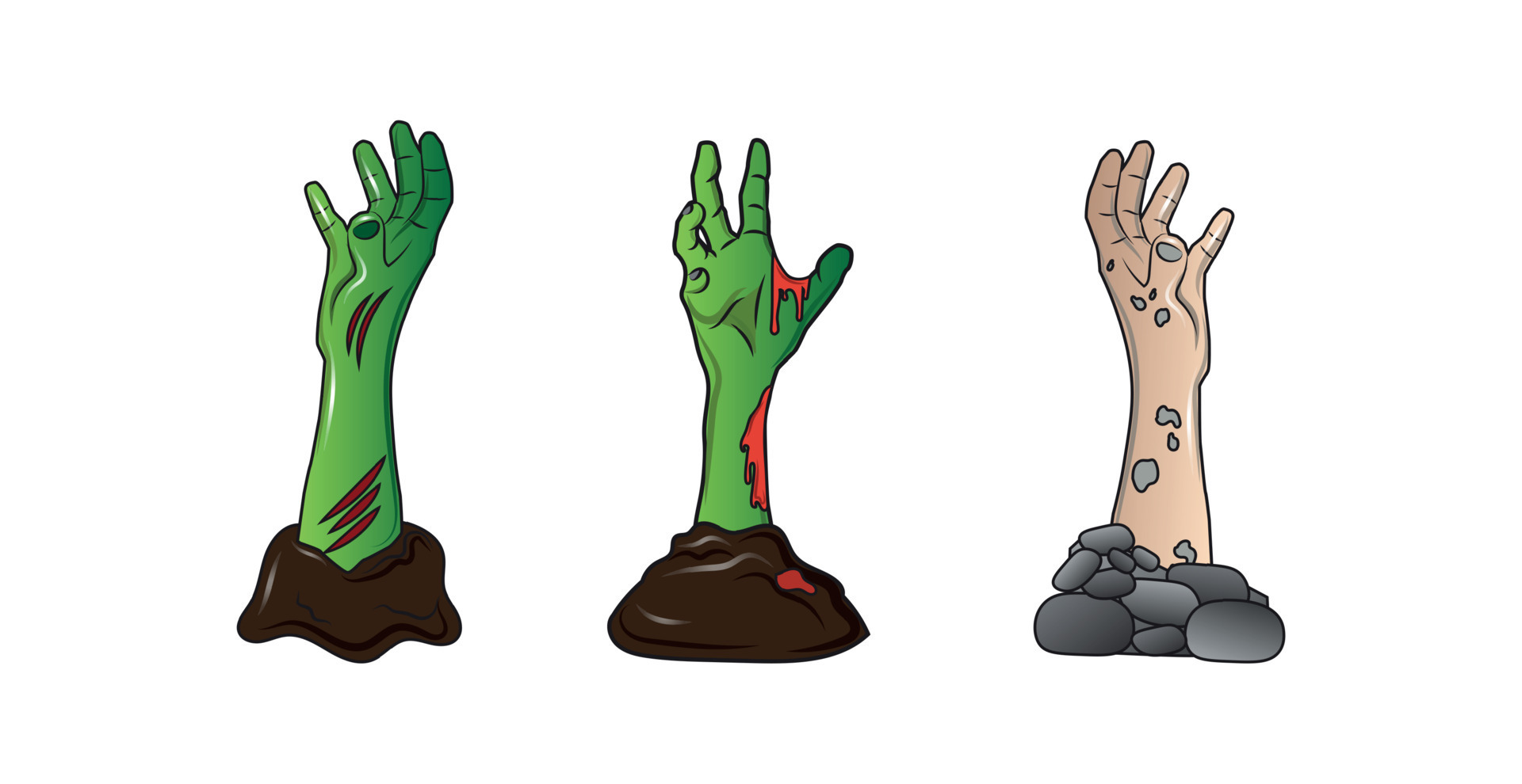 3 pcs scary zombie hands crawling out of the ground on a white background, Halloween holiday