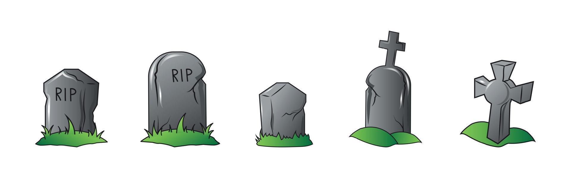 Set of 5 pcs. tombstones from Halloween cemetery on white background - Vector