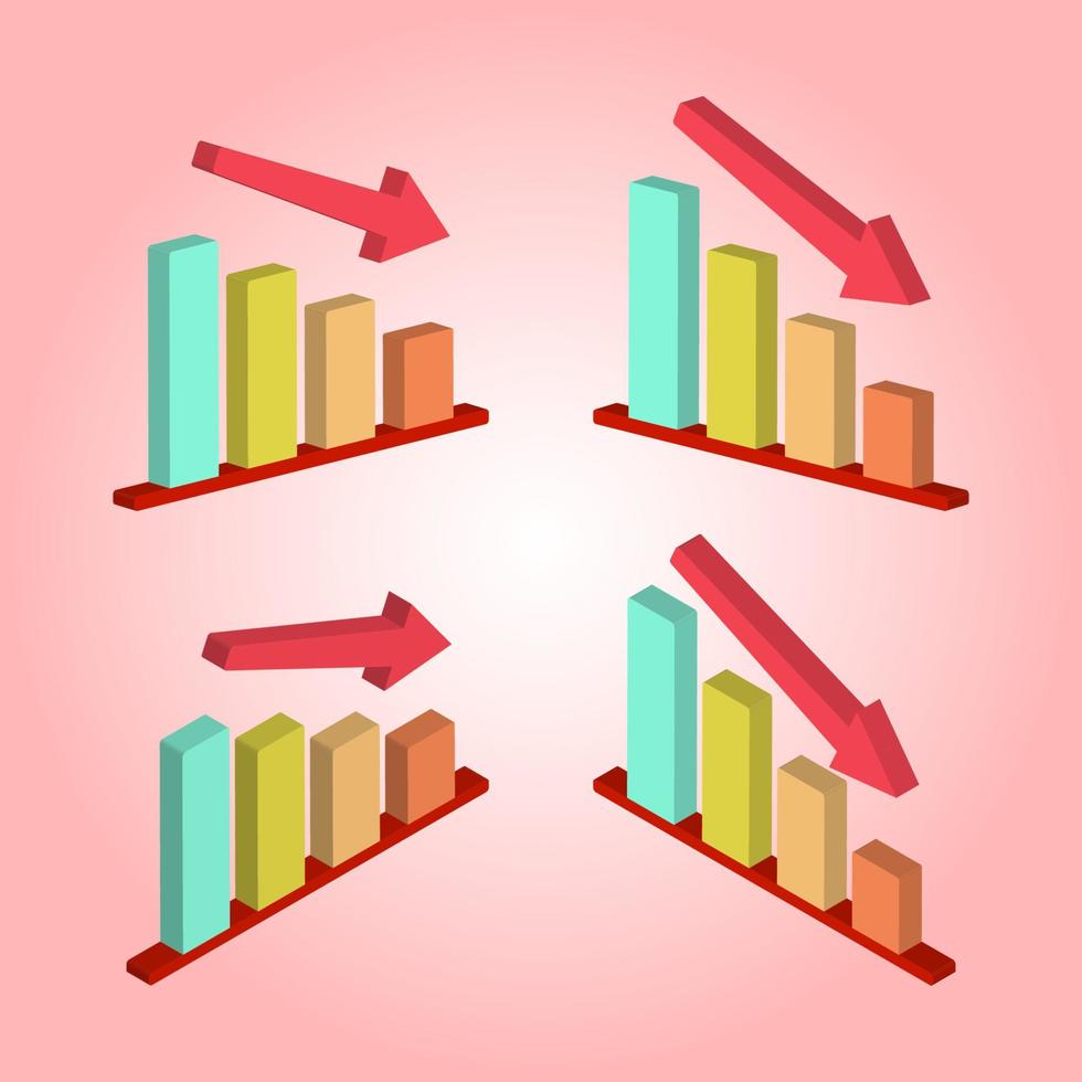 3d icon set of decreasing or declining bar chart graph with red arrow going down vector