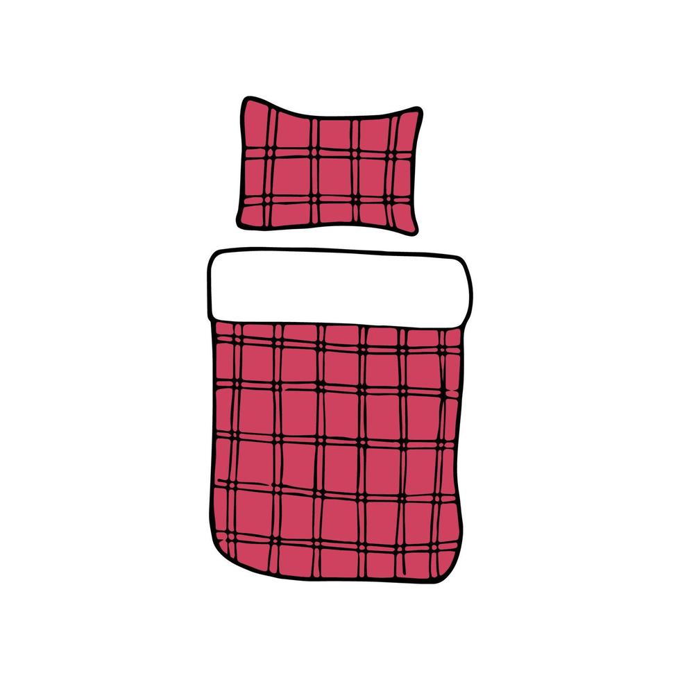Hand drawn doodle plaid bed. Vector pillow and blanket in color.