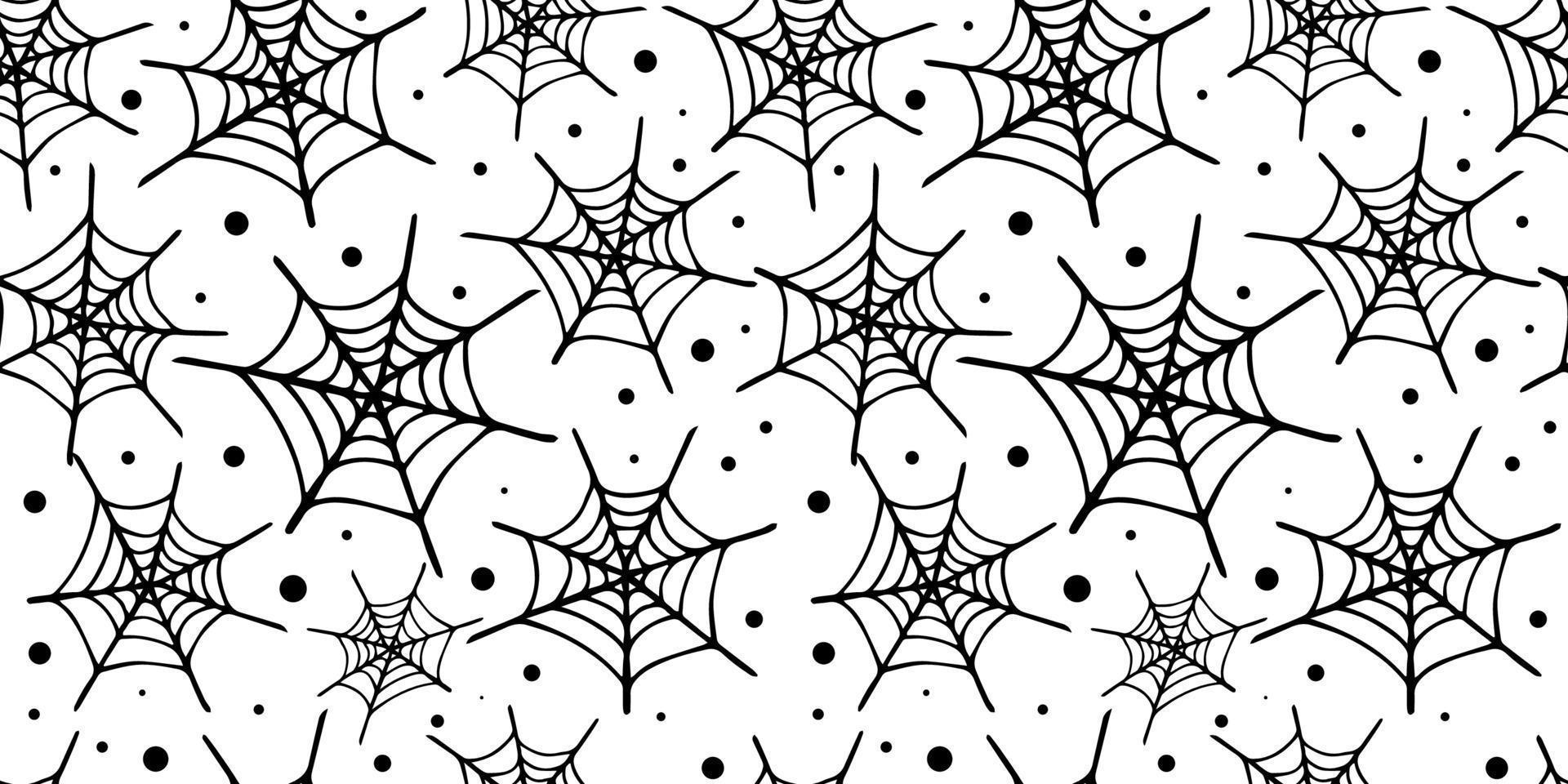 Vector seamless pattern of black hand drawn spider web and dots on white background. Cute Halloween pattern with cobweb. Halloween design for packing paper or cover.