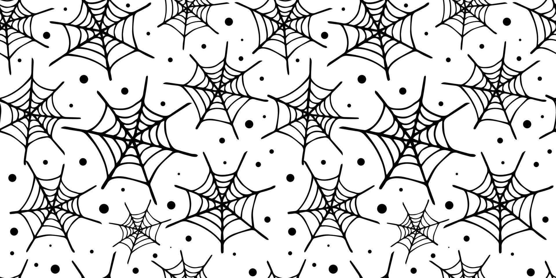 patrón vectorial sin costuras de tela de araña dibujada a mano negra y puntos sobre fondo blanco. lindo patrón de halloween con telaraña. diseño de halloween para papel de embalaje o cubierta. vector