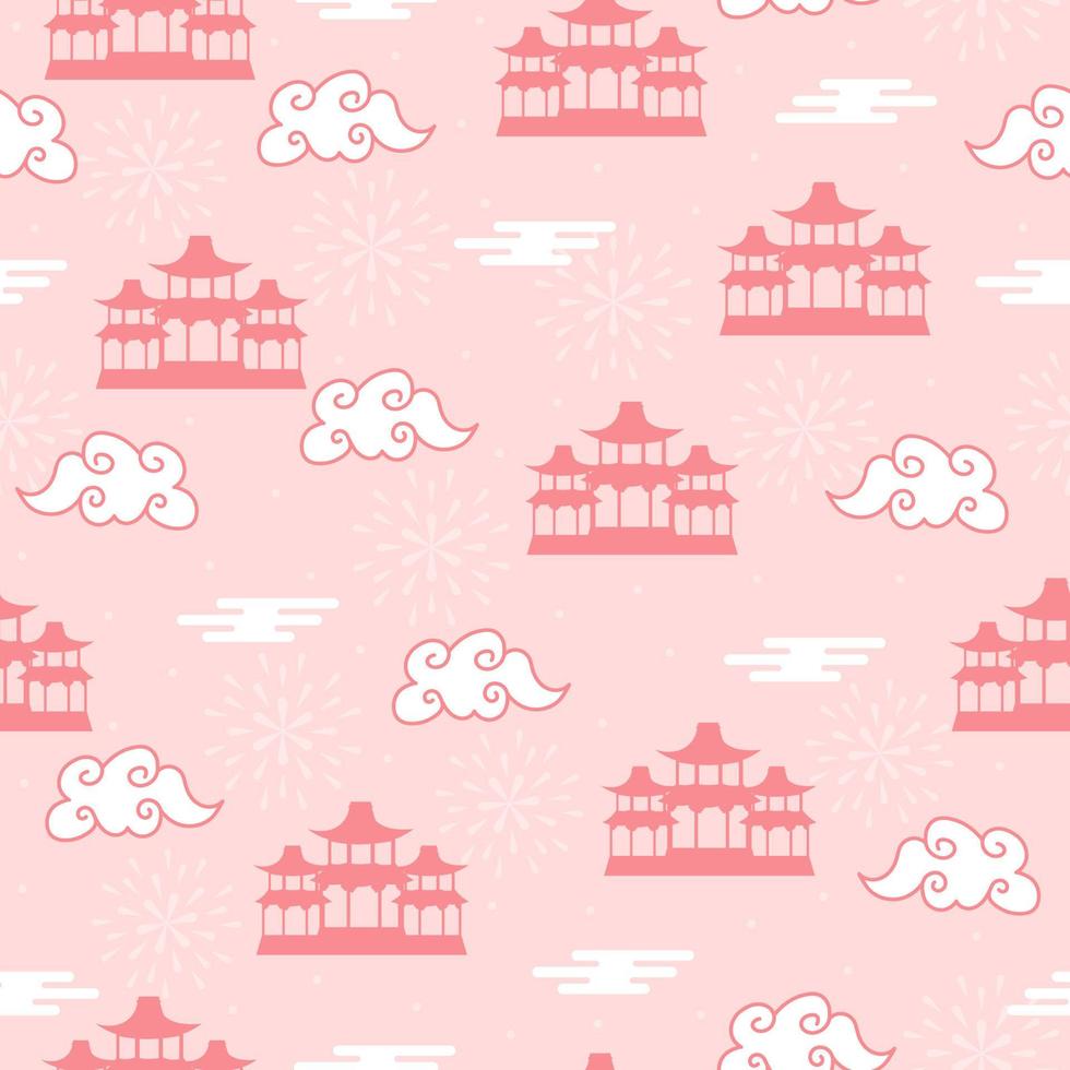 nubes asiáticas y patrones sin fisuras del templo sobre fondo rosa para papel tapiz o impresión para el año nuevo lunar vector