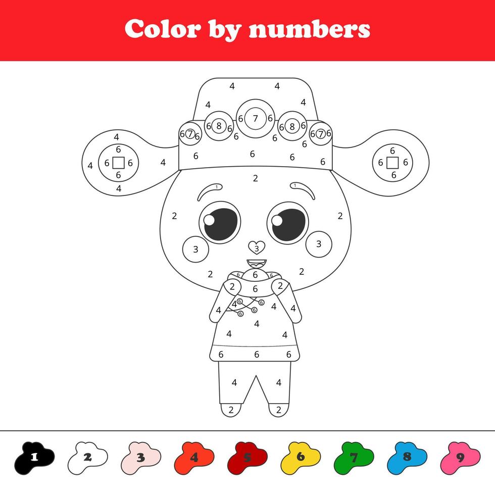 Printable coloring page by numbers for kids with cute rabbit in chinese traditional costume holding ancient coins, happy new year worksheet in cartoon style vector