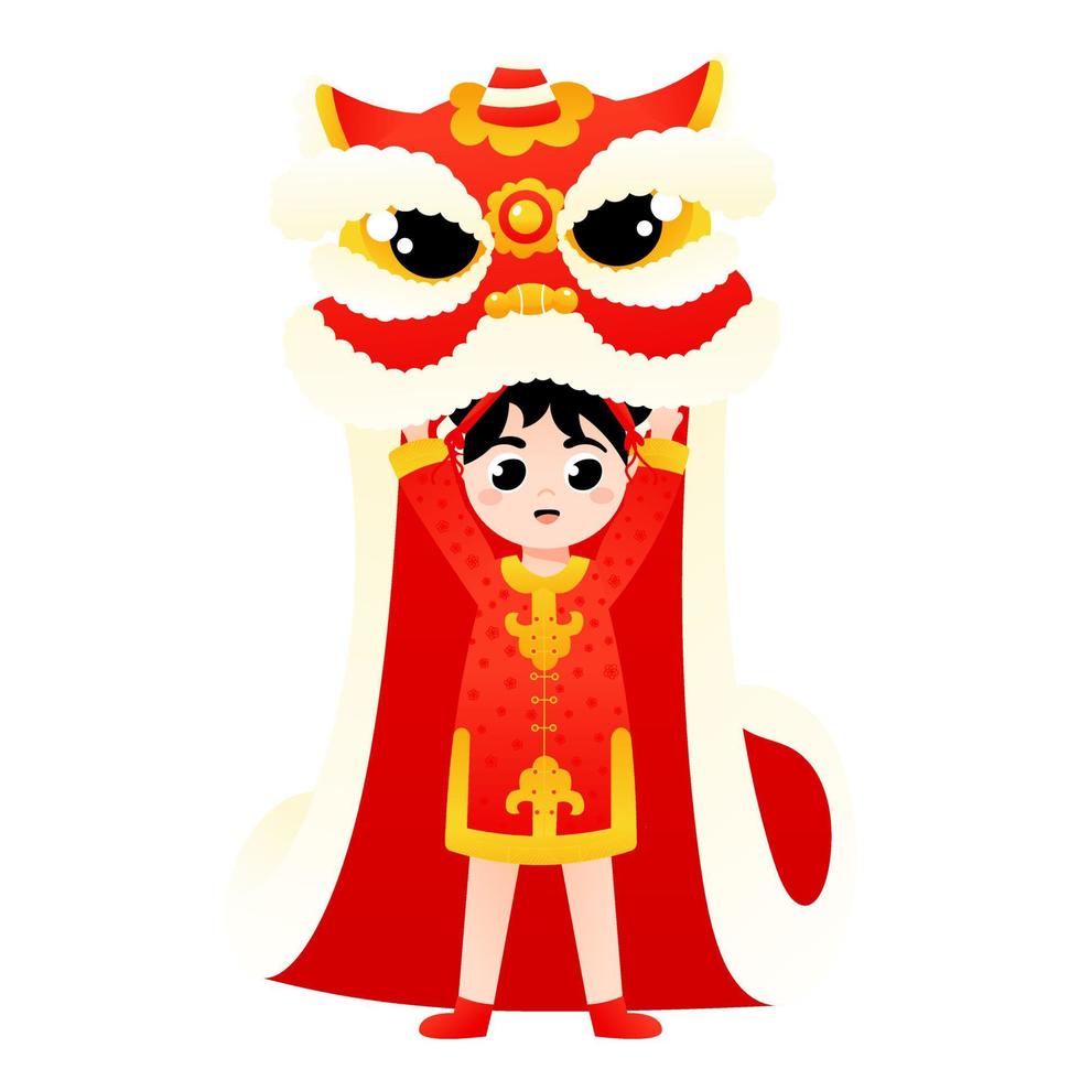 Cute girl in chinese national costume dancing lion dance in cartoon style for lunar new year decorative element vector