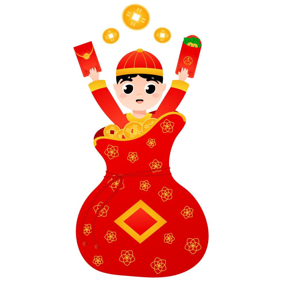 Cute boy in chinese national costume hiding in lucky bag with money and coins in cartoon style for lunar new year vector