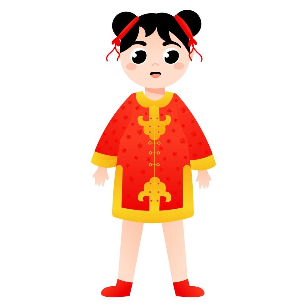 Cute girl in chinese national costume standing in cartoon style for lunar new year, decorative element for design isolated on white background vector