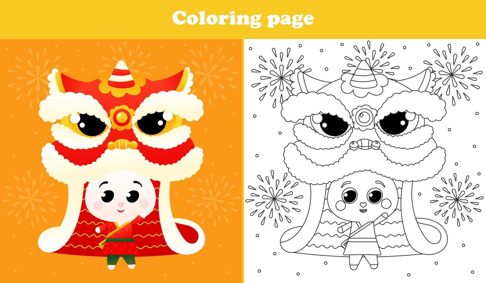 Printable coloring page for kids with cute rabbit in chinese traditional costume, lion dance and fireworks festival, happy new year worksheet in cartoon style vector