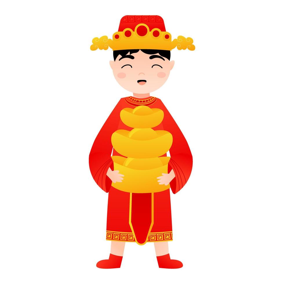 Cute boy in chinese national costume holding ingots in cartoon style for lunar new year decorative element vector