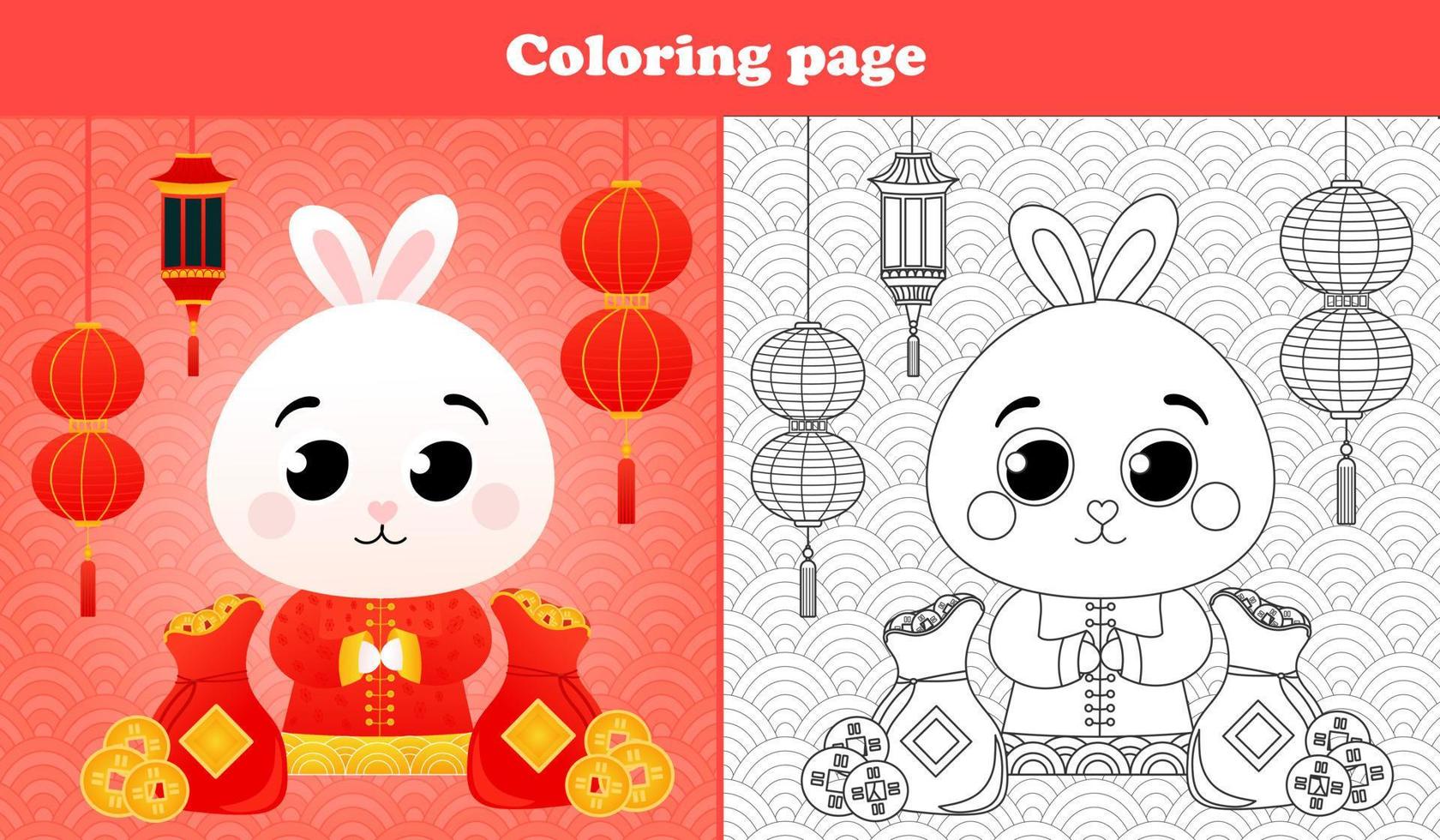 Printable coloring page for kids with cute rabbit in chinese traditional costume and wealth signs, coins and laterns, happy new year worksheet in cartoon style vector