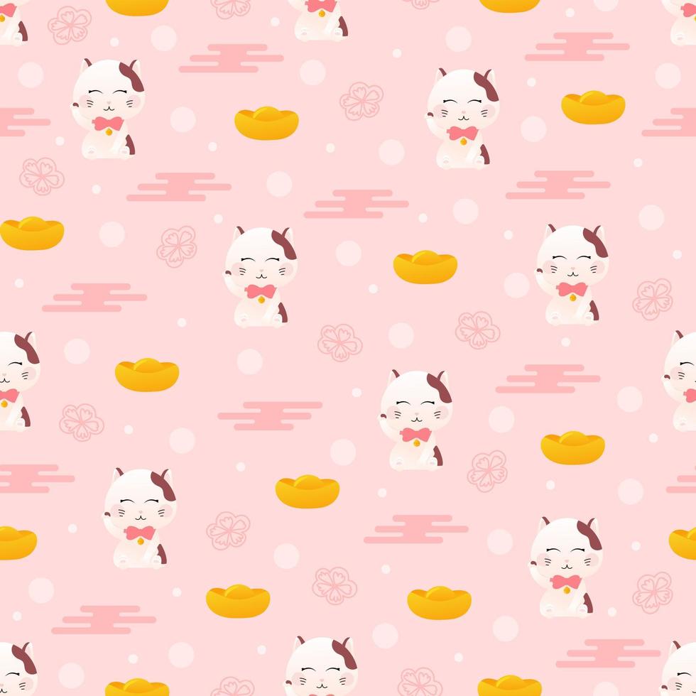 Lucky japanese cat with ingots, maneki neko in childsh cartoon style on pink background, seamless pattern vector