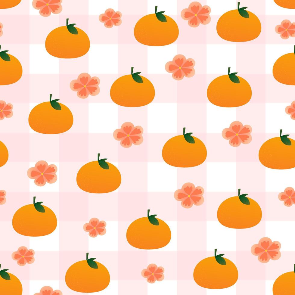 Tangerine checked seamless pattern with flower blossom on white background for print or wallpaper vector