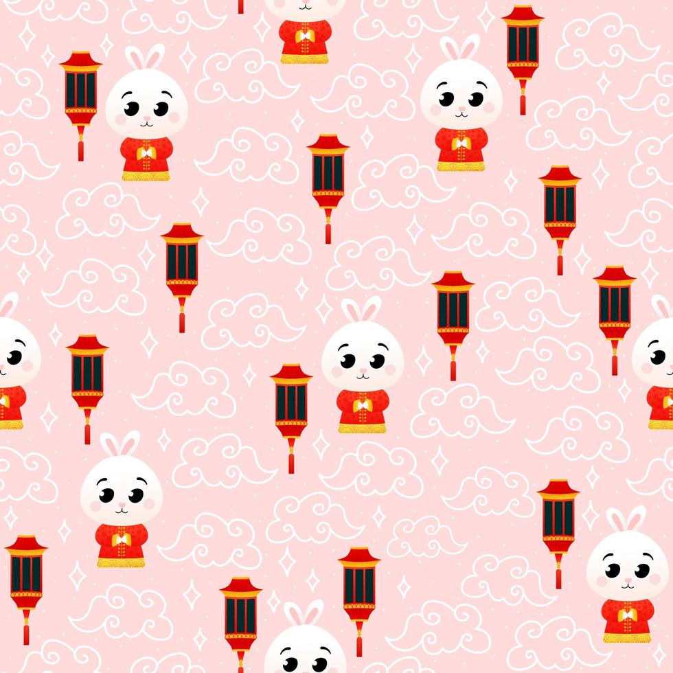 Asian cloud and cute rabbit in national costume, lanterns seamless pattern on pink background for wallpaper vector