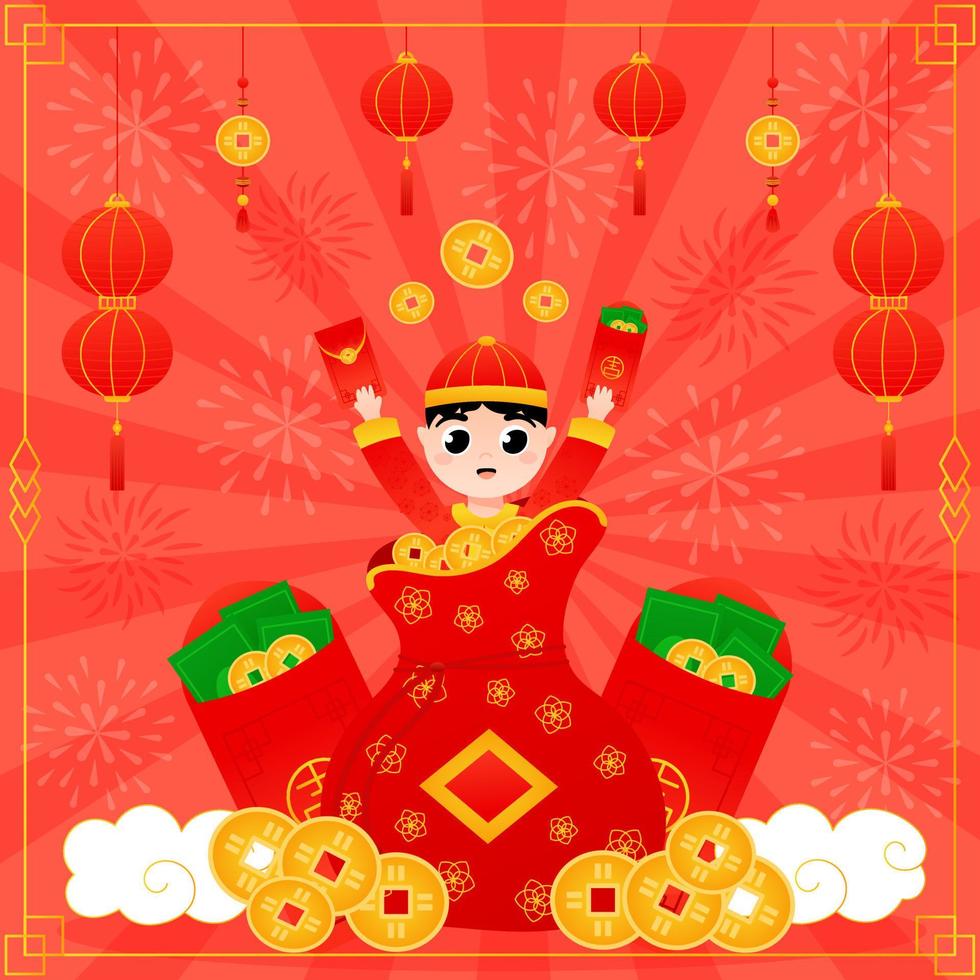 tarjeta de felicitación china de año nuevo con un lindo niño vestido con un traje tradicional sentado en una bolsa de suerte con sobres rojos vector