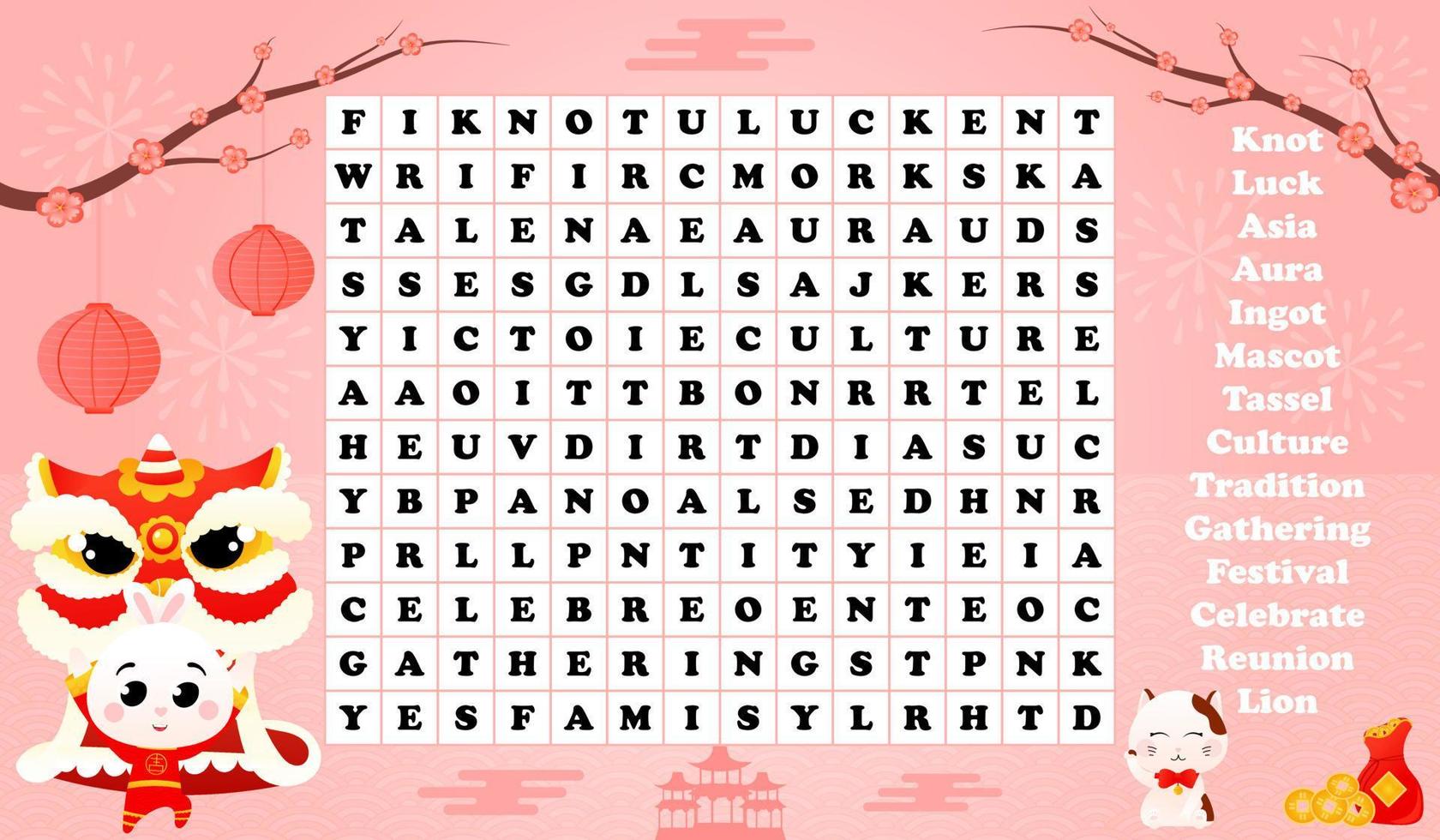 Word search puzzle with cute rabbit character in chinese traditional costume, cherry blossom and luck mascots in cartoon style, printable worksheets for lunar new year vector