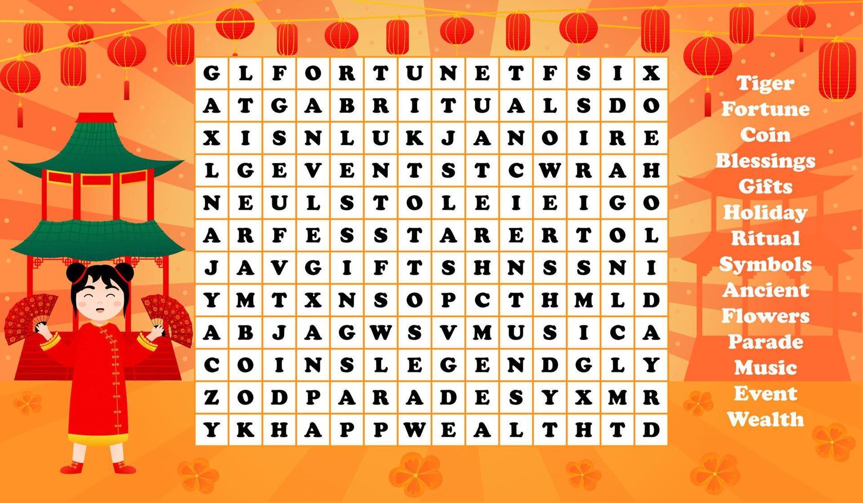 Word search puzzle with cute girl character in chinese traditional costume holding red fans and lanterns , printable worksheet for lunar new year vector