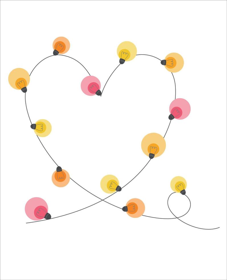 Light garland in the shape of a heart on a white background. Colored garland in a flat style. Pattern with colored lanterns. Colorful vector art design.