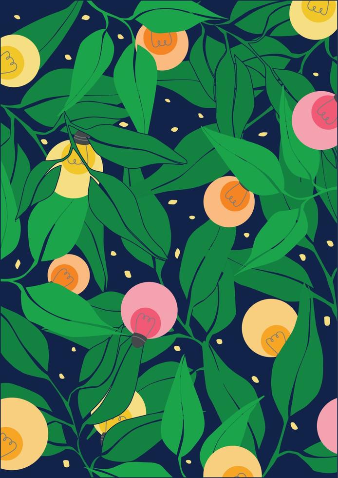 ilustración con linternas sobre un fondo de follaje verde para un diseño decorativo. guirnalda brillante sobre un fondo oscuro. boda festiva. colorido diseño de arte vectorial. vector