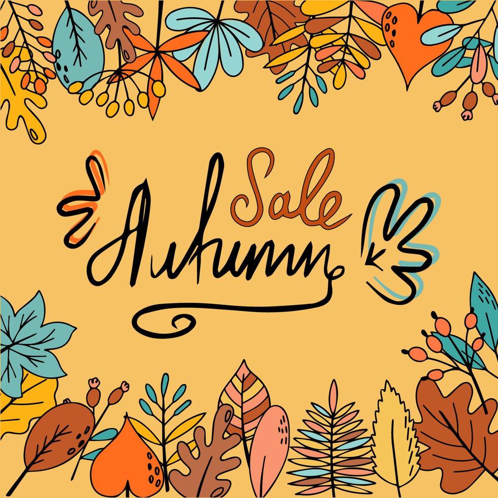 Autumn sale template with colorful leaves. For posters, labels, postcards or banner. Vector illustration in doodle style