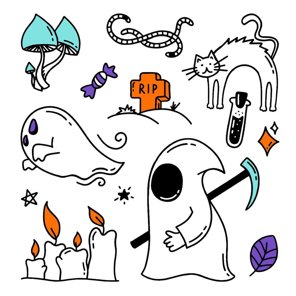 Set of Halloween elements Doodle style vector design illustration Isolated on white background