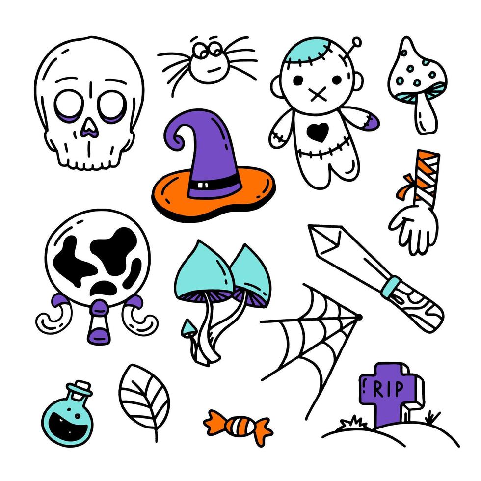 Set of Halloween elements Doodle style vector design illustration Isolated on white background