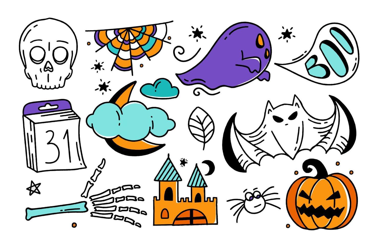 Set of Halloween elements Doodle style vector design illustration Isolated on white background