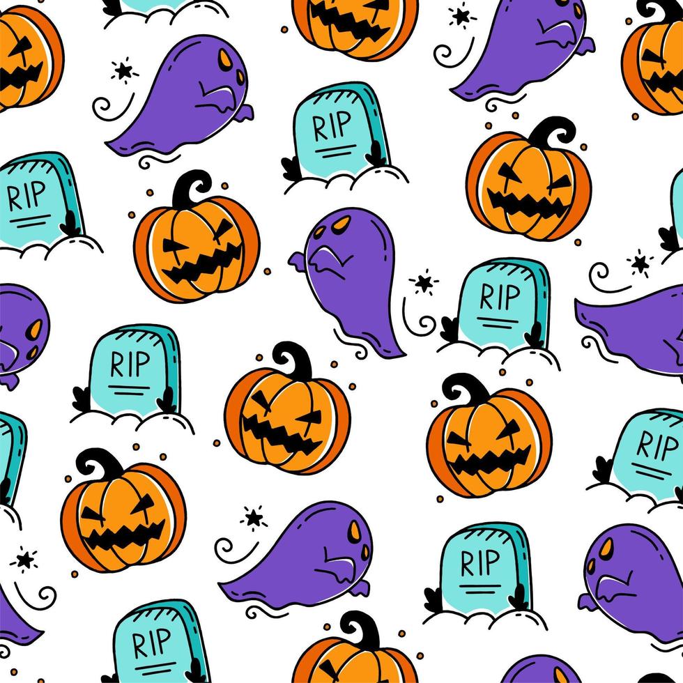 Seamless pattern with Halloween elements Doodle style vector design illustration on white background