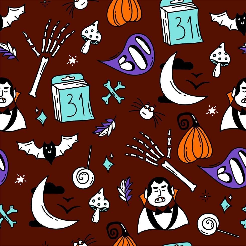 patrón sin costuras con elementos de halloween estilo doodle ilustración de diseño vectorial sobre fondo burdeos vector