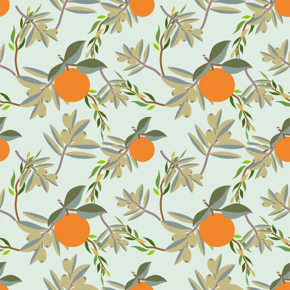 Seamless flat vector image of fresh orange motifs and numerous shades of green leaves.