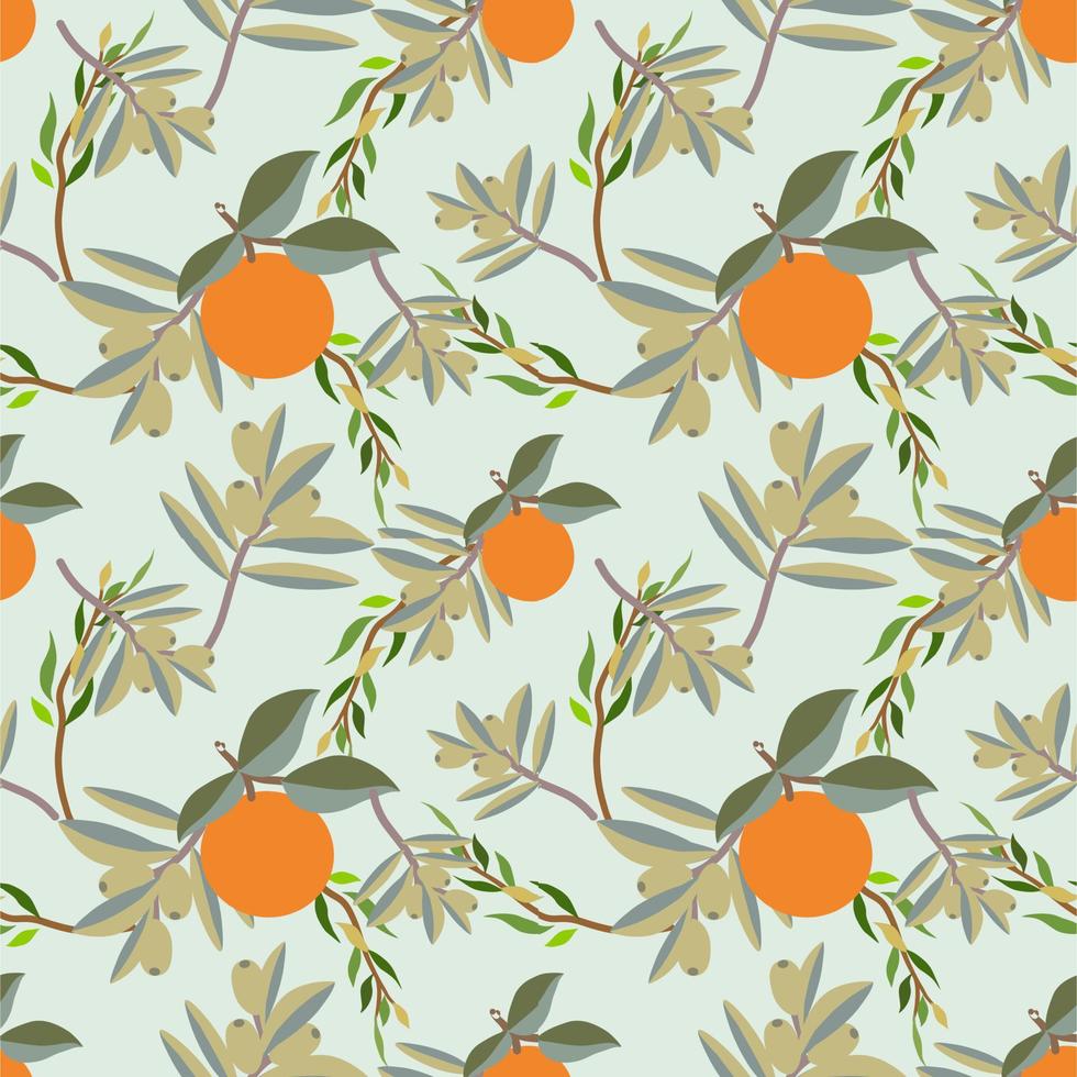Seamless flat vector image of fresh orange motifs and numerous shades of green leaves.