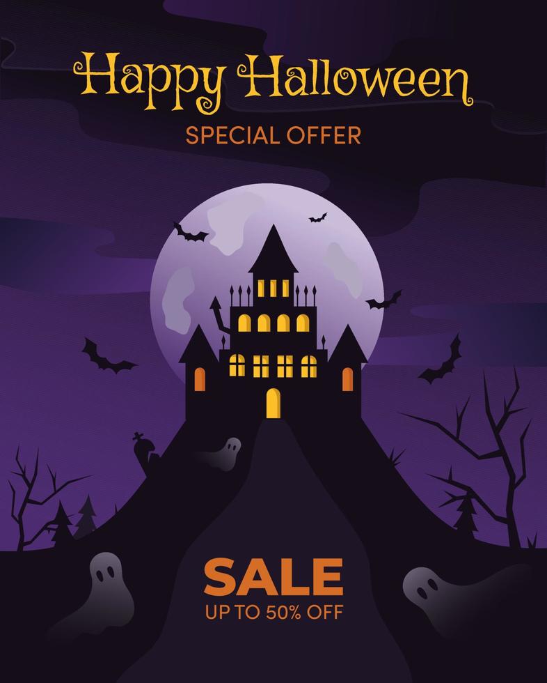 Happy Halloween sale banner cartoon template. Autumn holiday special offer and discount. Scary background. Helloween 50 percent price off vector