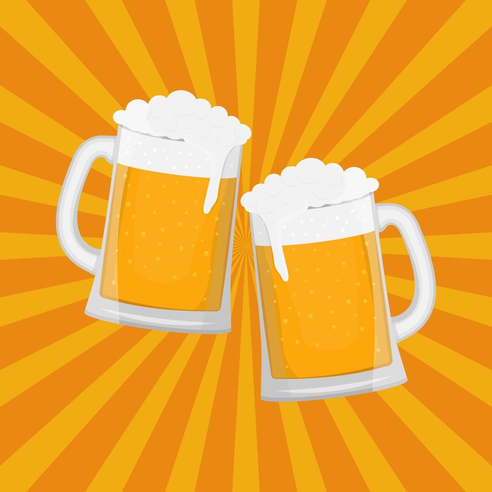 Two beer mugs on a ray background. Oktoberfest concept vector