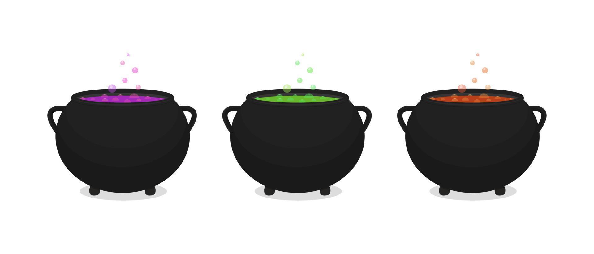 Witch cauldrons with bubbling potion set. Halloween illustrated elemets. vector