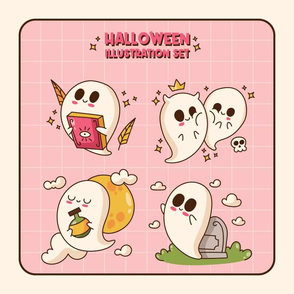 set of halloween cute ghost illustration vector