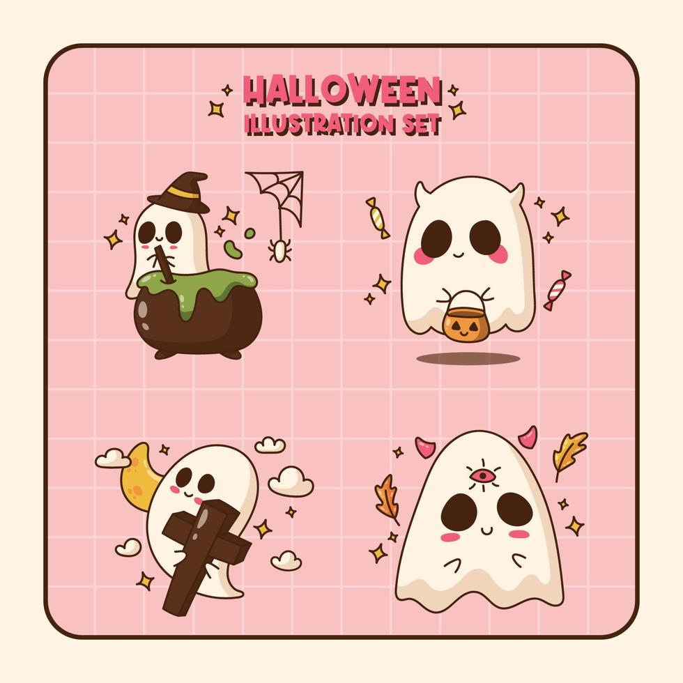 set of halloween cute ghost illustration vector