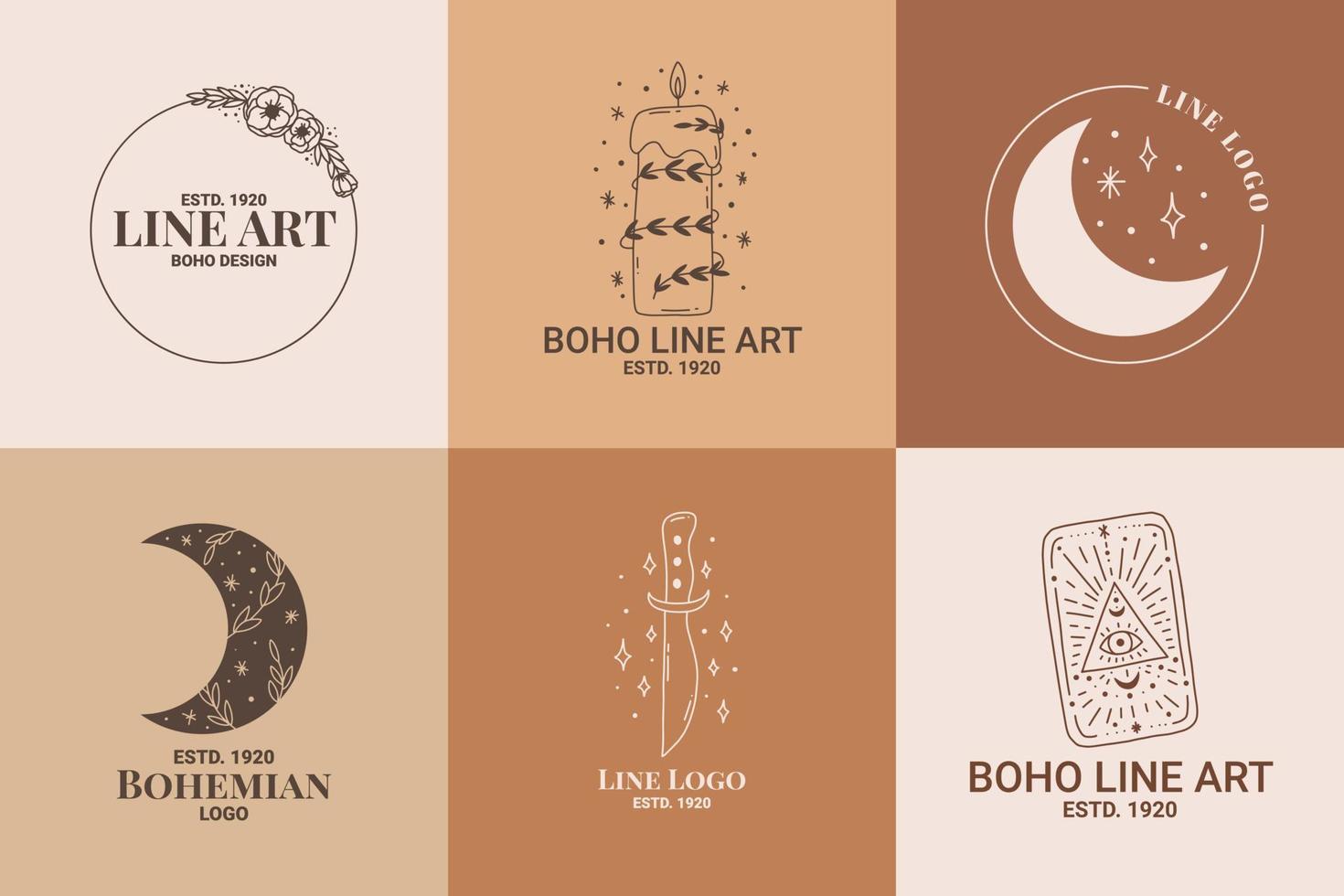 Boho mystic doodle esoteric logo set. Magic line art icon with candle, tarot, sun, knife, moon vector