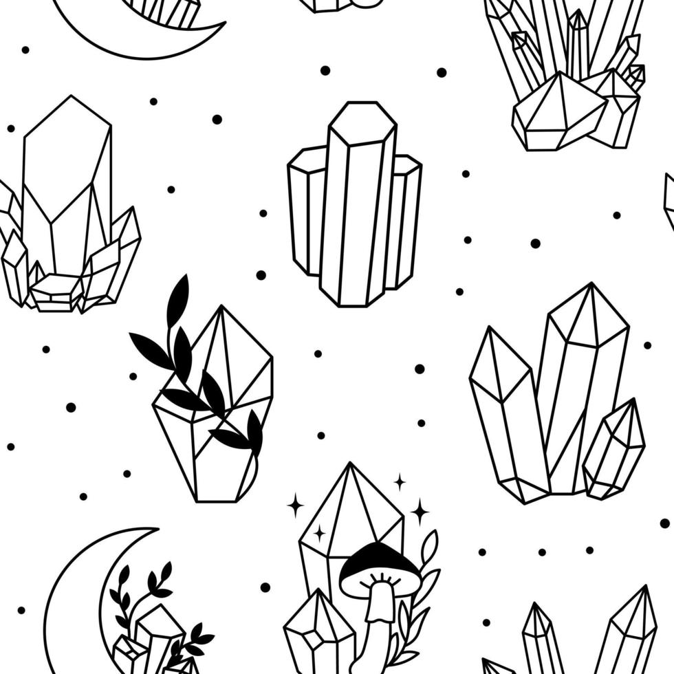 Mystical line art esoteric crystals, gem stones, diamonds, jewelry minimalist print. Boho astrology hand draw illustration. Magic doddle for T-shirts and bags, tatoo decor element vector