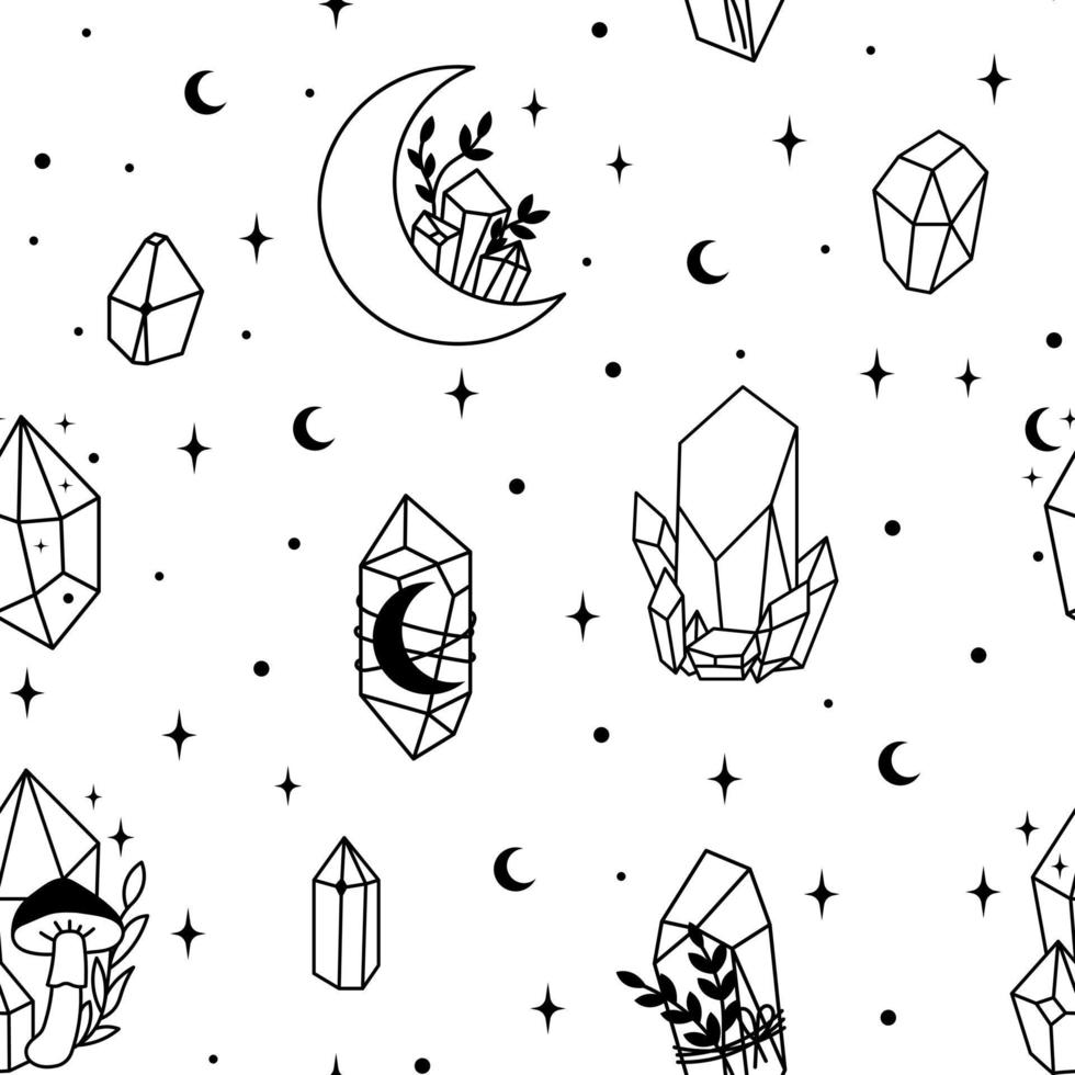 Mystical line art esoteric crystals, gem stones, diamonds, jewelry minimalist print. Boho astrology hand draw illustration. Magic doddle for T-shirts and bags, tatoo decor element vector
